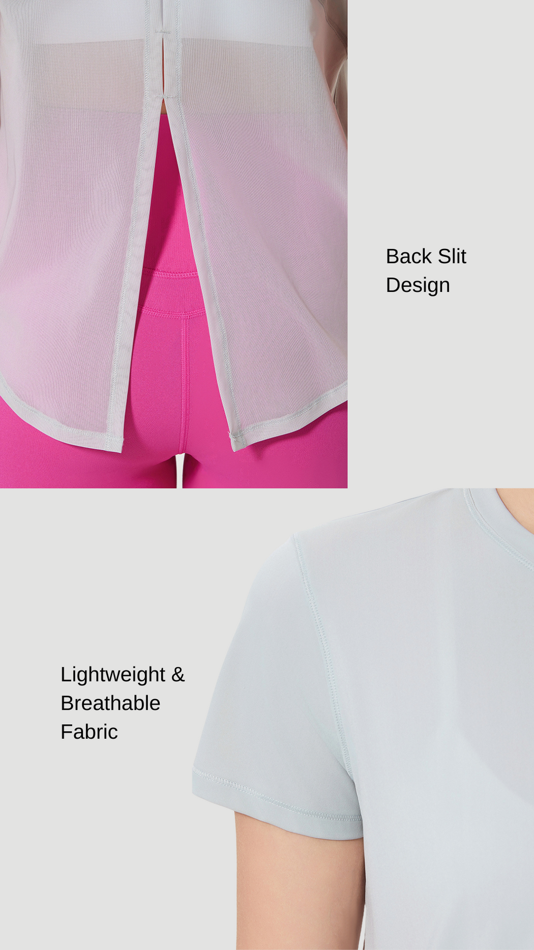 Aero Flow Active Tee showing lightweight breathable fabric and stylish back slit design for ventilation.