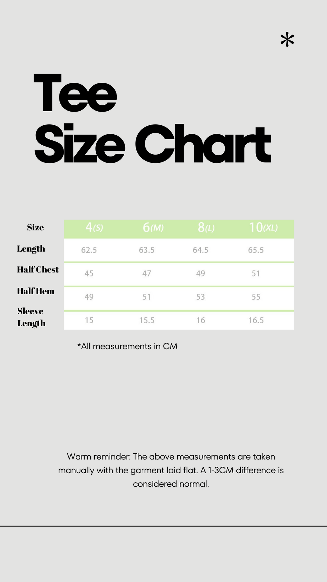 Aero Flow Active Tee size chart showing measurements for length, half chest, hem, and sleeve length in centimeters.