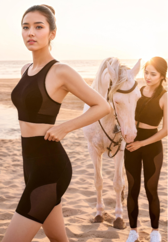 Two women in black athletic wear standing on a beach with a white horse.
