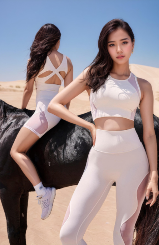 Two women in white athletic wear sitting on a horse in a desert setting