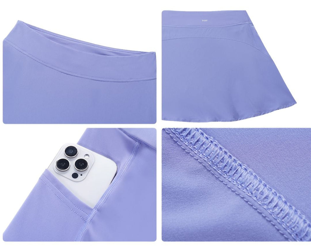 Collage of a light purple fabric with a smartphone inside one of the pockets on a white background.