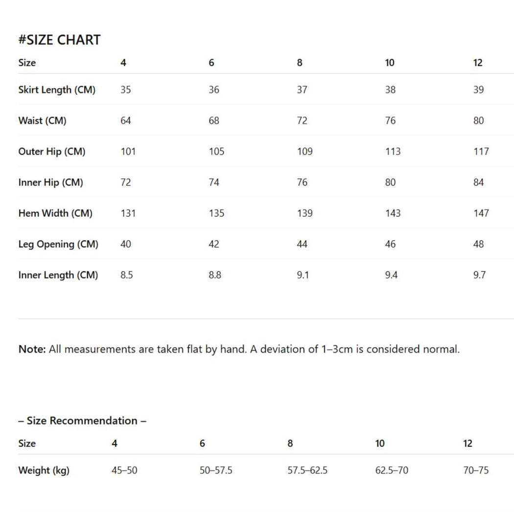 Size chart for clothing with measurements in centimeters