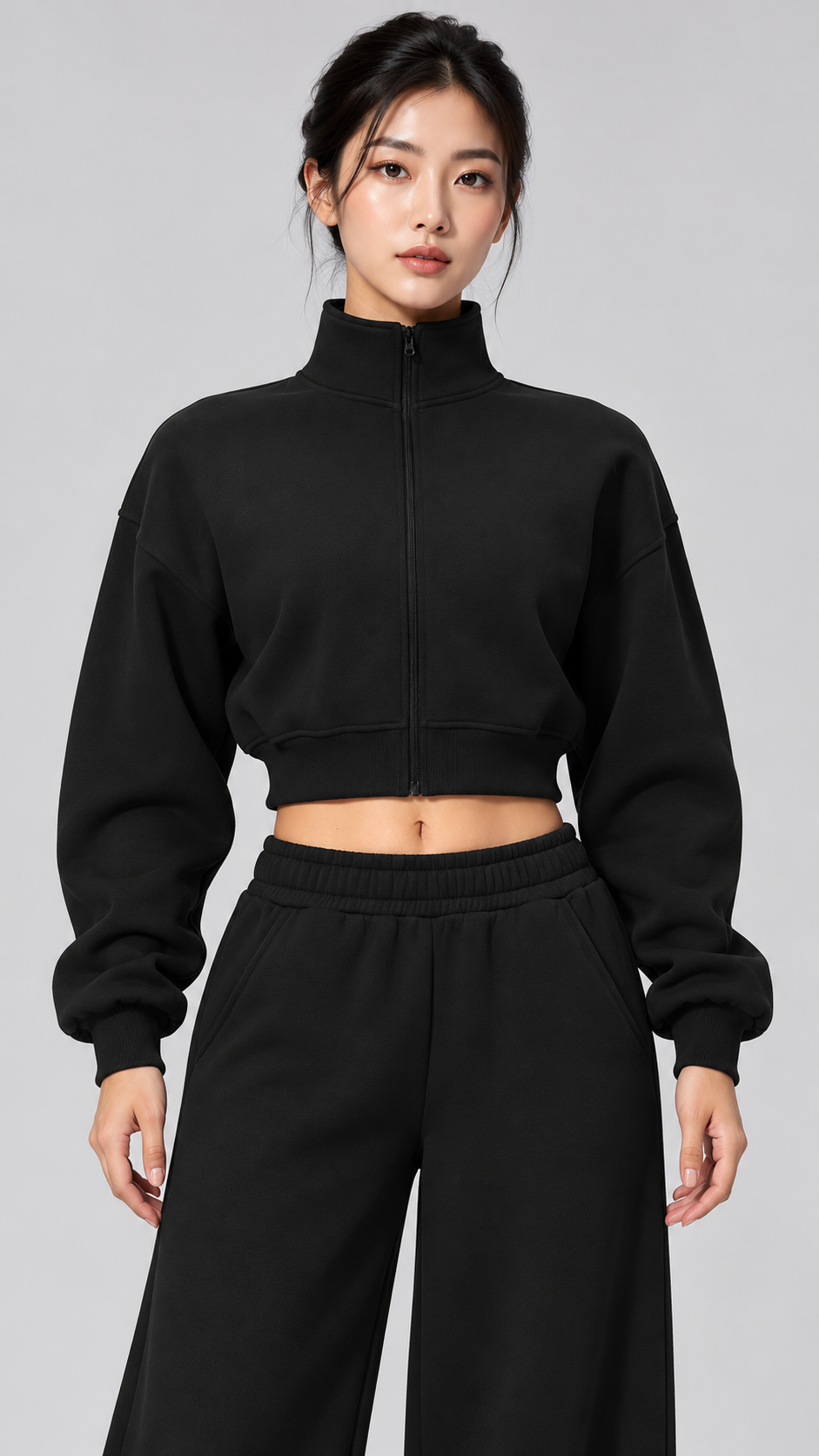 The Cloud-Line Brushed Cotton-Blend Cropped Zip Jacket & Wide-Leg Pants Set