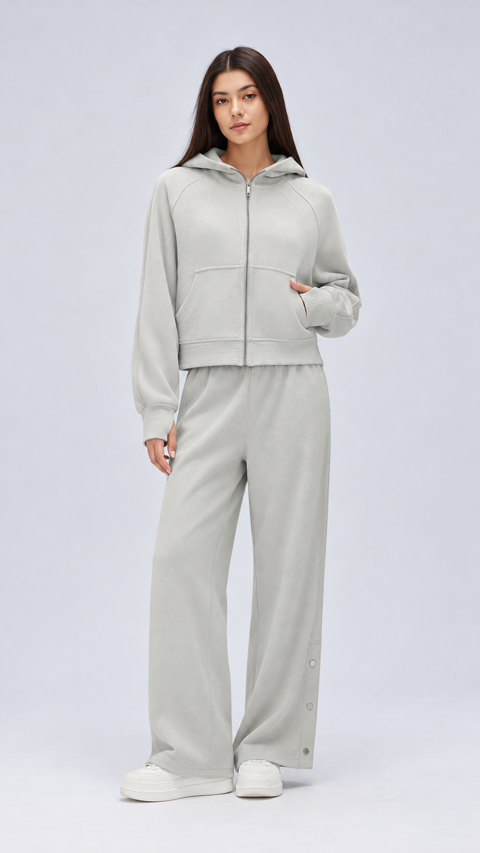 Mirae Ultra-Soft Fleece Zip Hoodie & Snap-Button Wide-Leg Pants Set