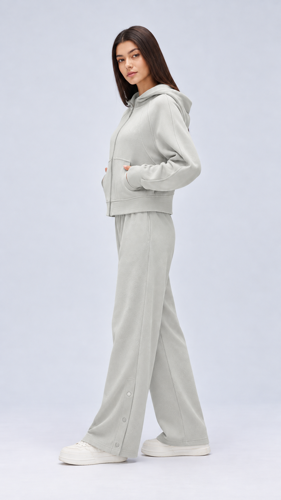 Mirae Ultra-Soft Fleece Zip Hoodie & Snap-Button Wide-Leg Pants Set