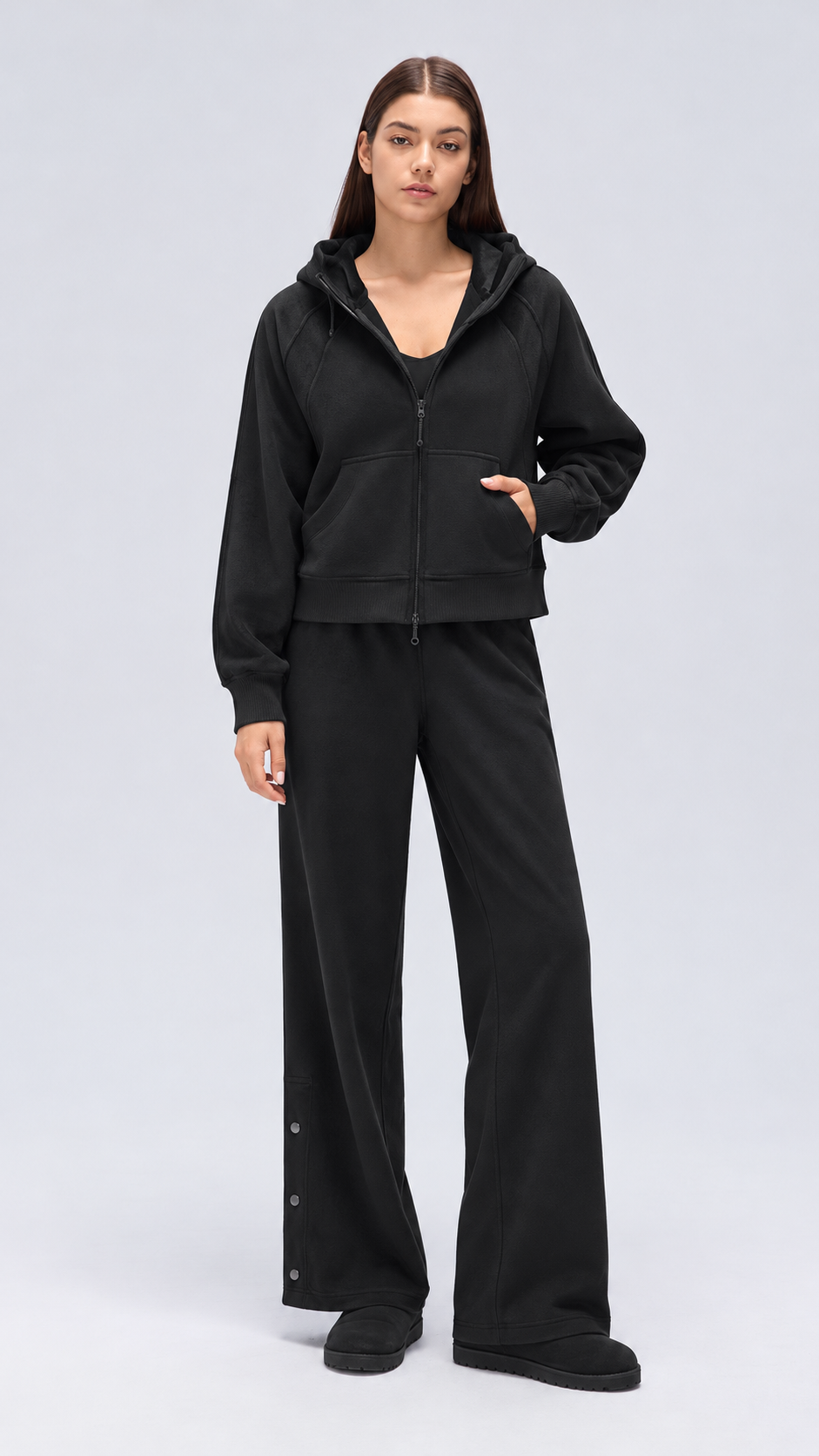 Mirae Ultra-Soft Fleece Zip Hoodie & Snap-Button Wide-Leg Pants Set