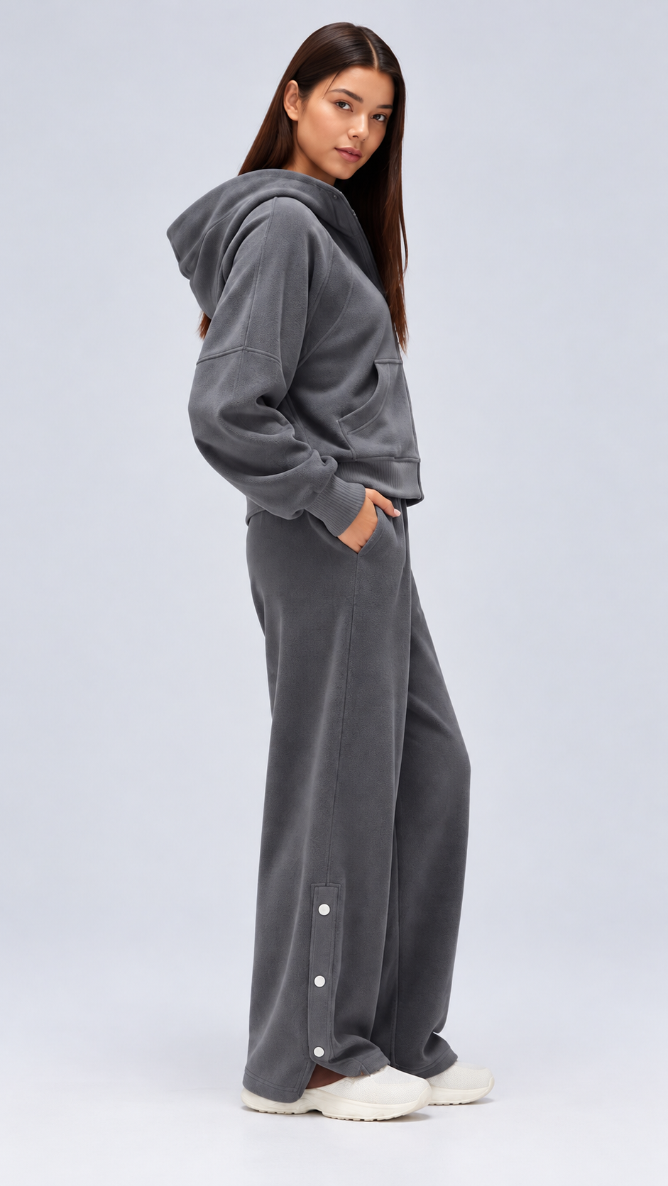 Mirae Ultra-Soft Fleece Zip Hoodie & Snap-Button Wide-Leg Pants Set