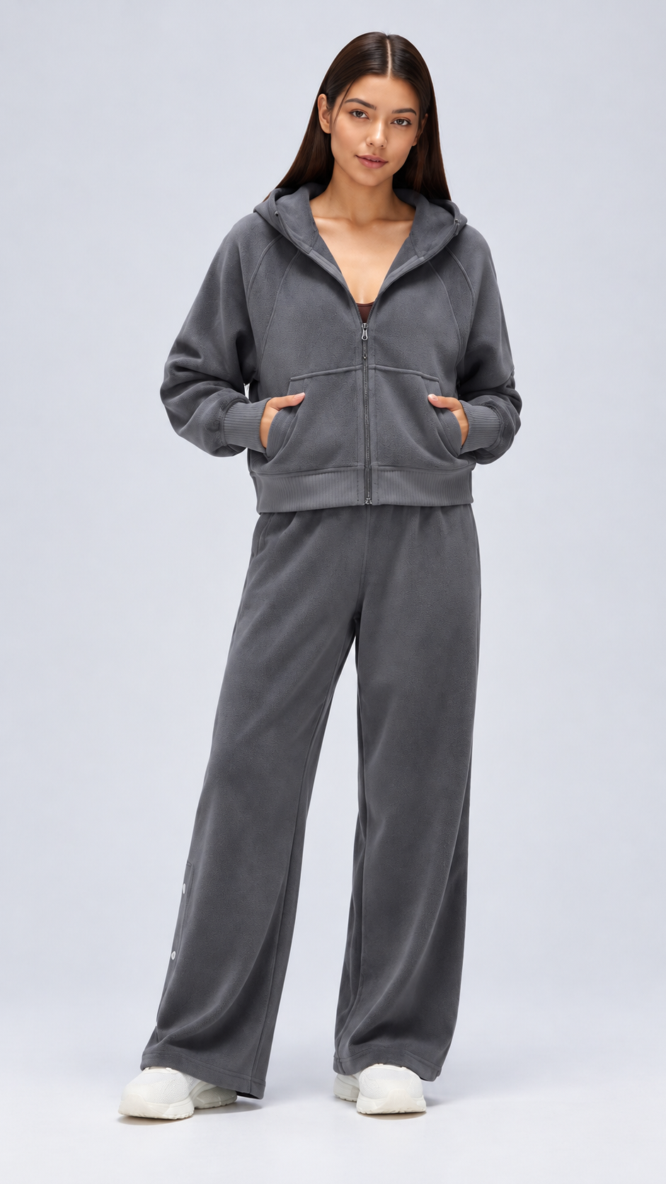 Mirae Ultra-Soft Fleece Zip Hoodie & Snap-Button Wide-Leg Pants Set