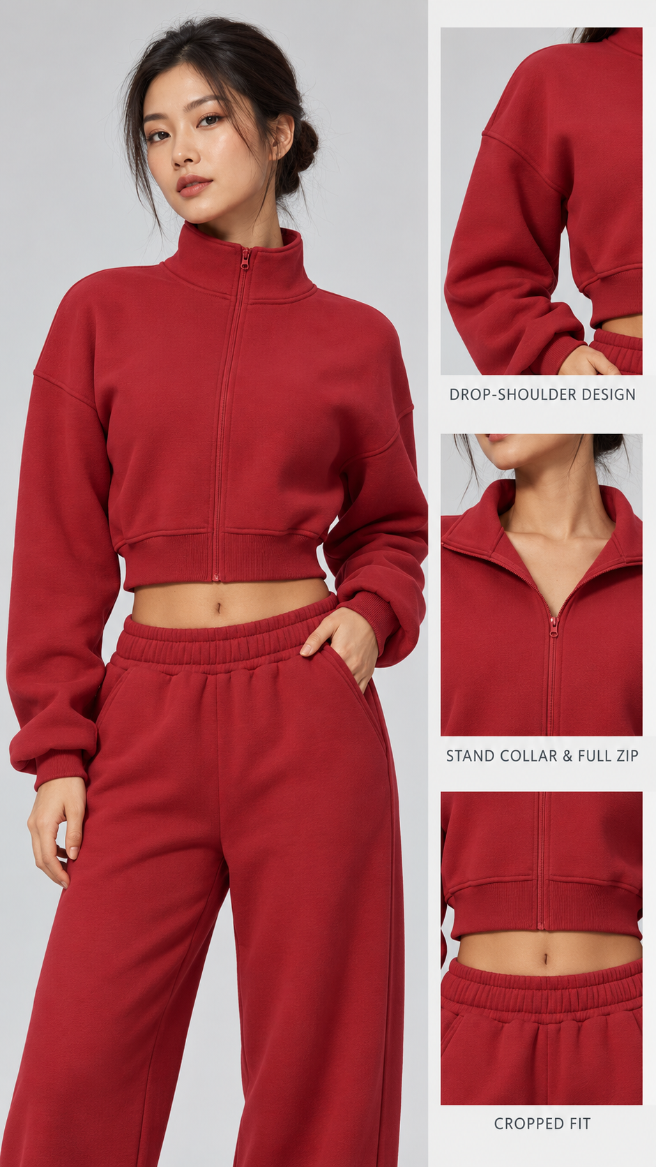 The Cloud-Line Brushed Cotton-Blend Cropped Zip Jacket & Wide-Leg Pants Set