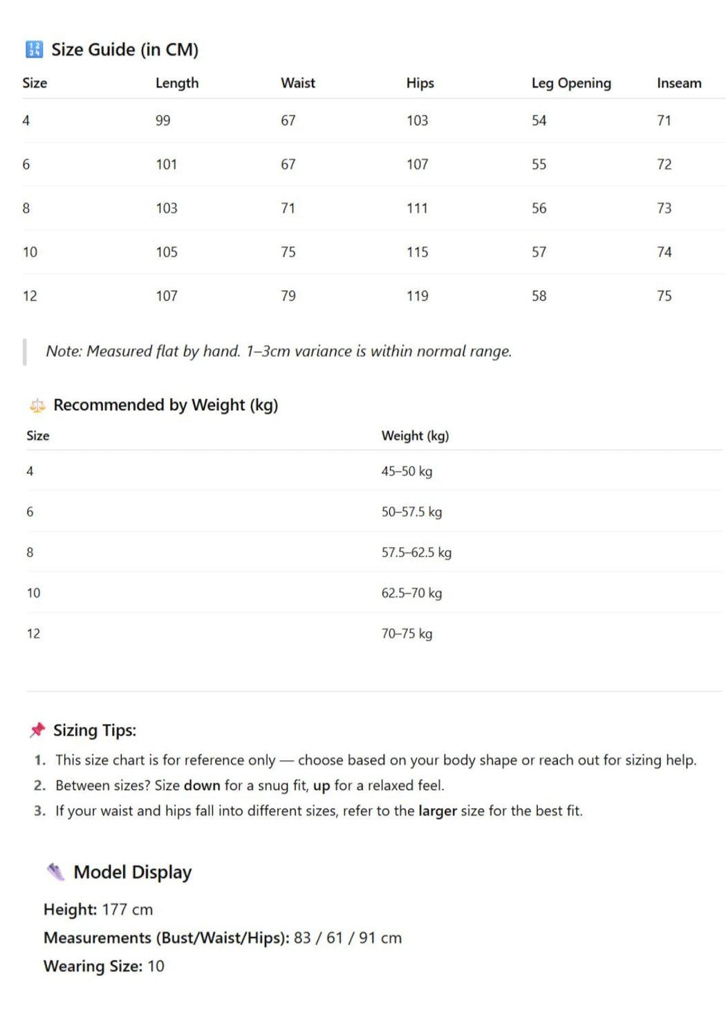 Size guide and weight chart for clothing with measurements in centimeters and kilograms.
