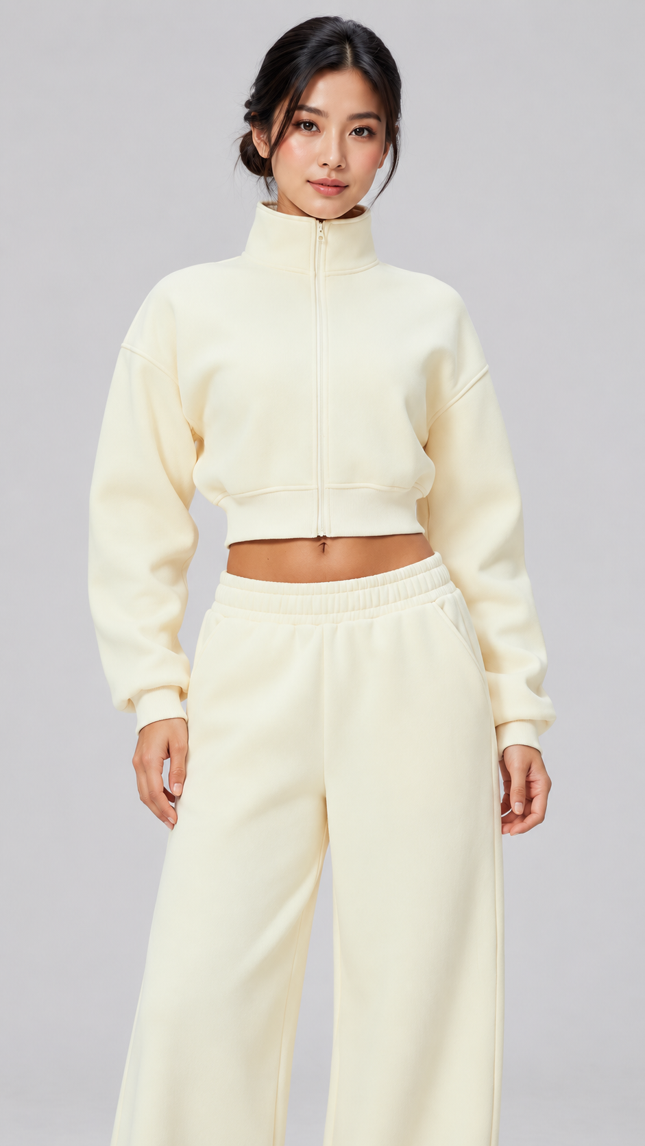The Cloud-Line Brushed Cotton-Blend Cropped Zip Jacket & Wide-Leg Pants Set