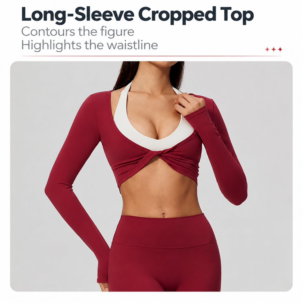 KAIA Brushed Nylon Twist-Front Long-Sleeve Crop Top