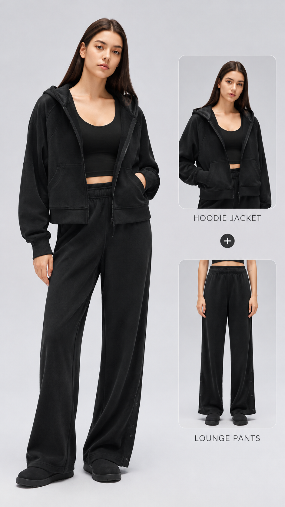 Mirae Ultra-Soft Fleece Zip Hoodie & Snap-Button Wide-Leg Pants Set