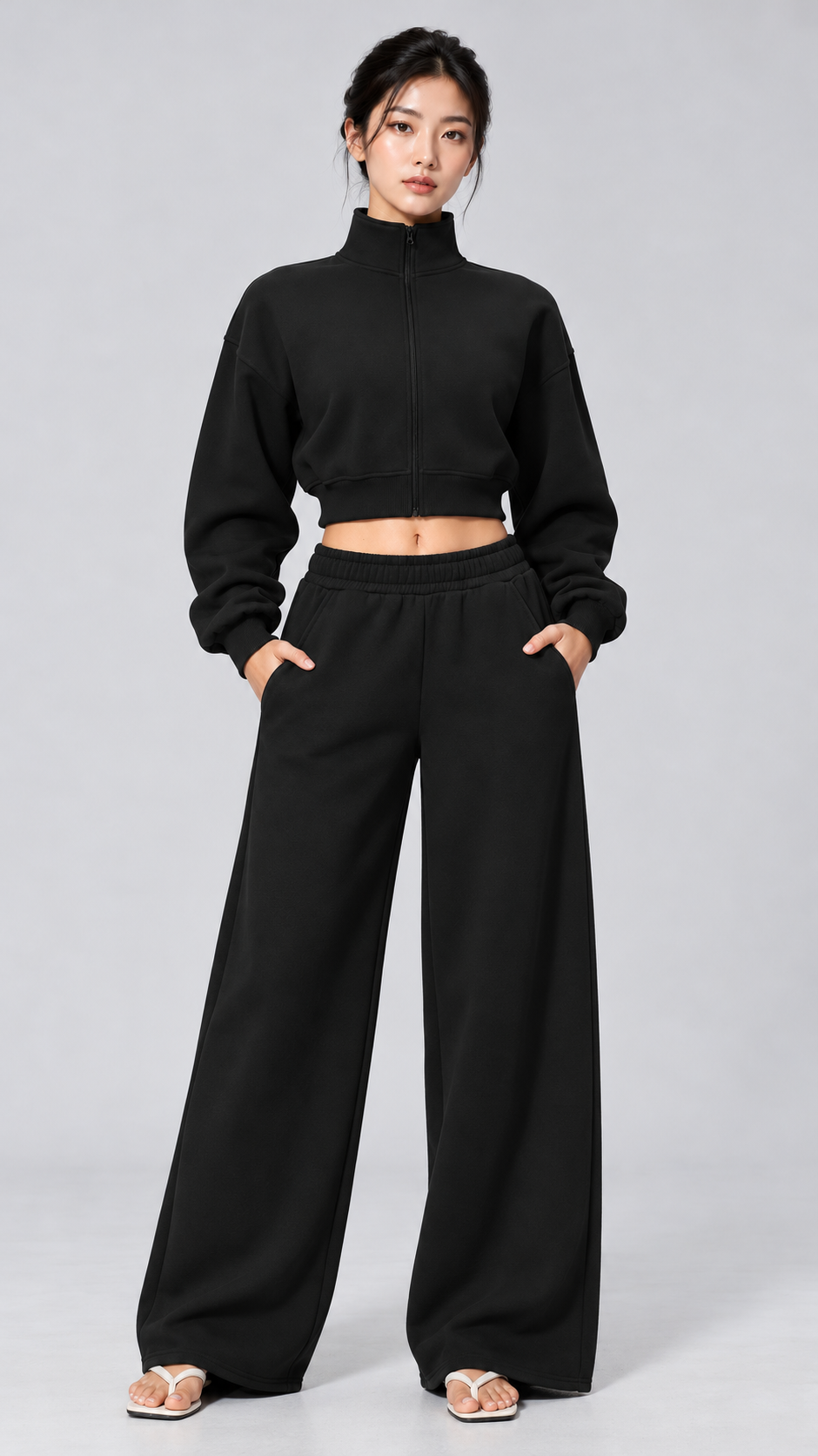 The Cloud-Line Brushed Cotton-Blend Cropped Zip Jacket & Wide-Leg Pants Set