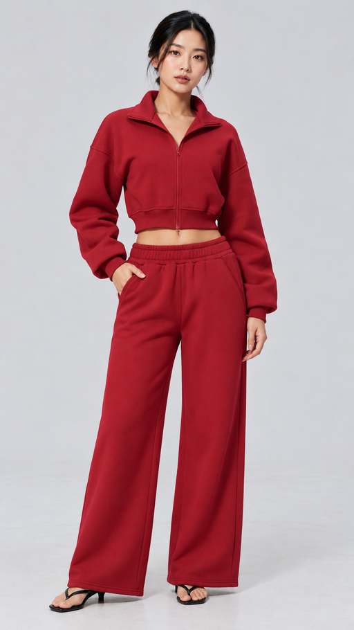 The Cloud-Line Brushed Cotton-Blend Cropped Zip Jacket & Wide-Leg Pants Set