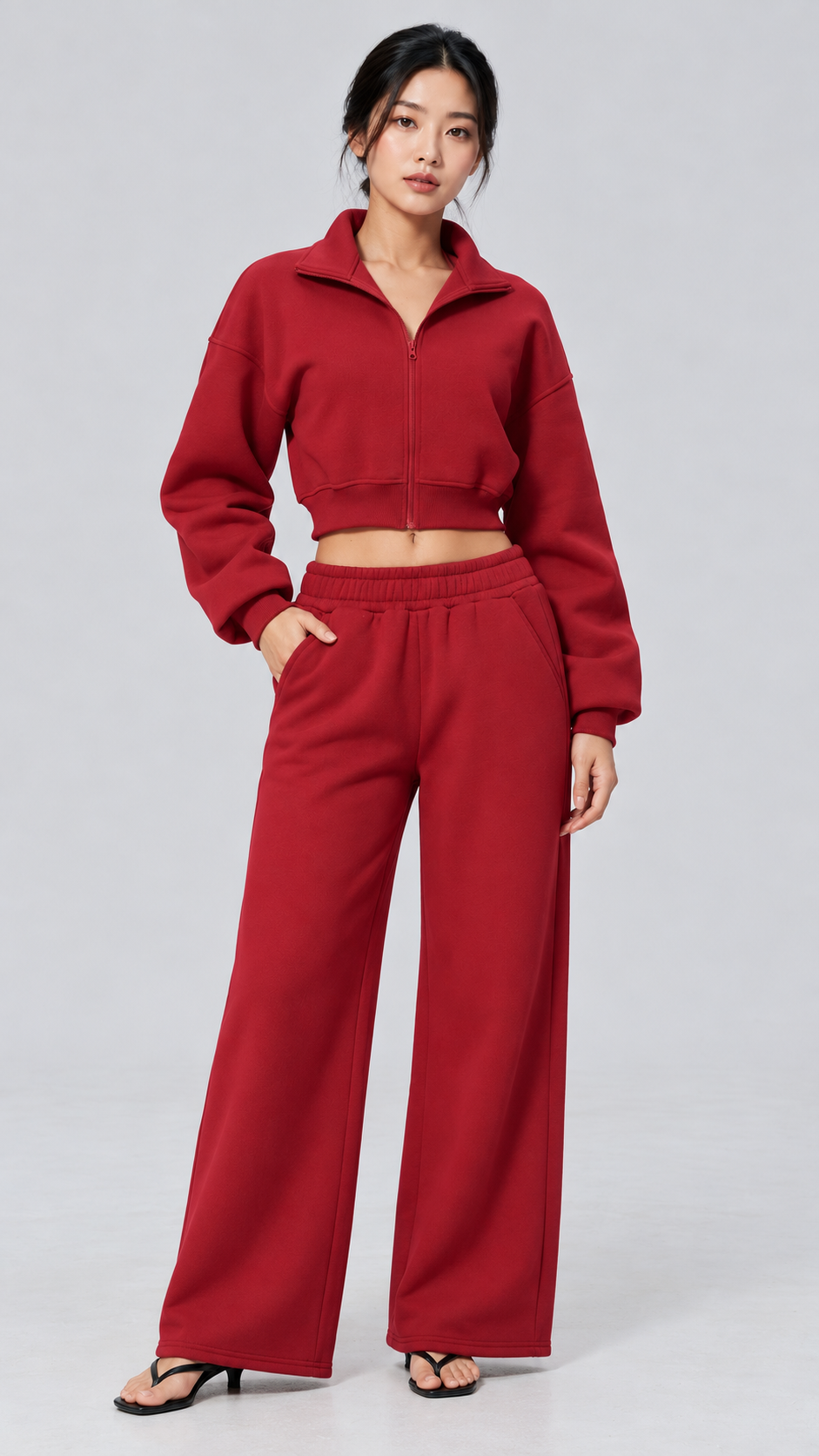 The Cloud-Line Brushed Cotton-Blend Cropped Zip Jacket & Wide-Leg Pants Set