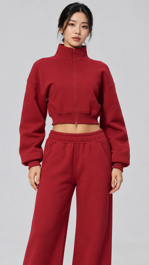 The Cloud-Line Brushed Cotton-Blend Cropped Zip Jacket & Wide-Leg Pants Set
