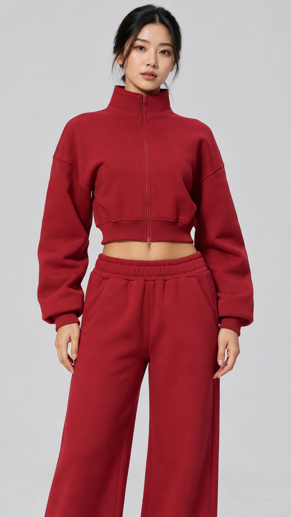 The Cloud-Line Brushed Cotton-Blend Cropped Zip Jacket & Wide-Leg Pants Set