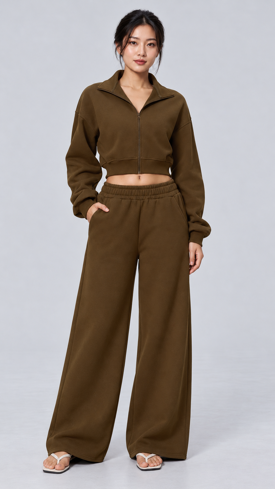 The Cloud-Line Brushed Cotton-Blend Cropped Zip Jacket & Wide-Leg Pants Set
