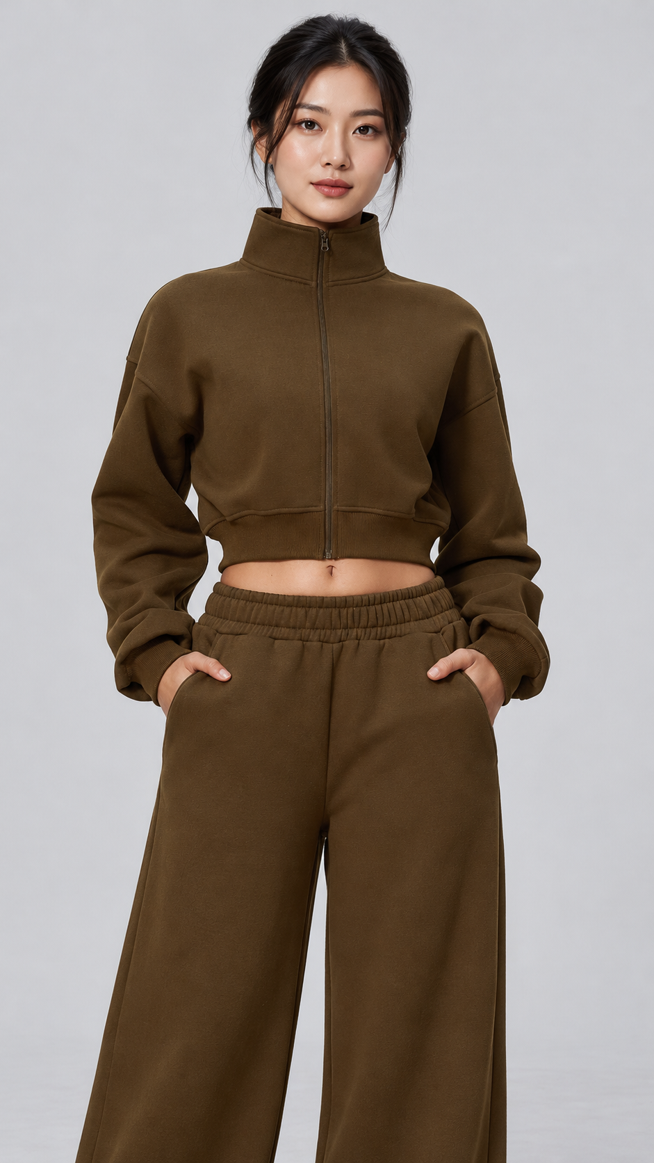The Cloud-Line Brushed Cotton-Blend Cropped Zip Jacket & Wide-Leg Pants Set