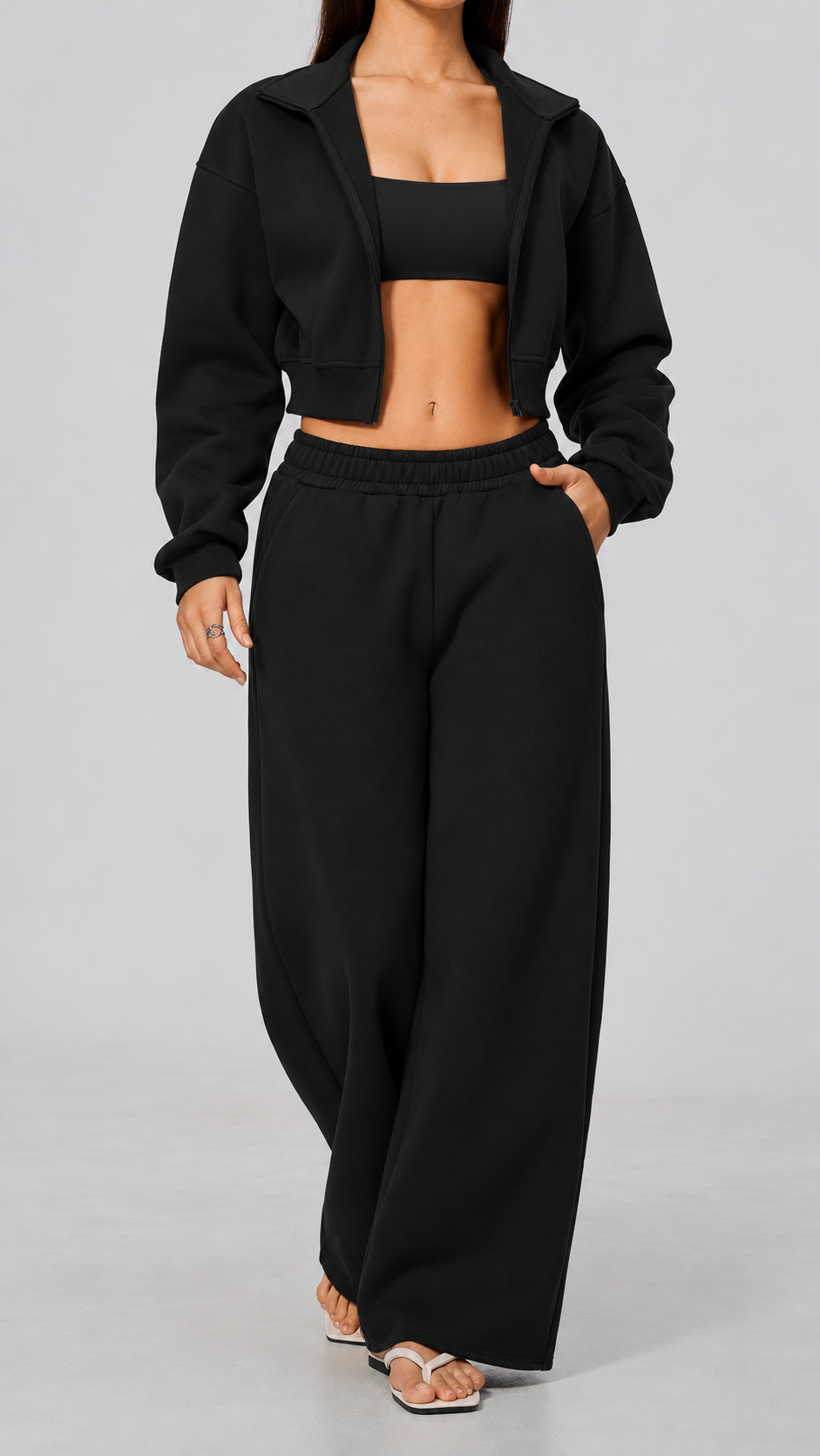 The Cloud-Line Brushed Cotton-Blend Cropped Zip Jacket & Wide-Leg Pants Set