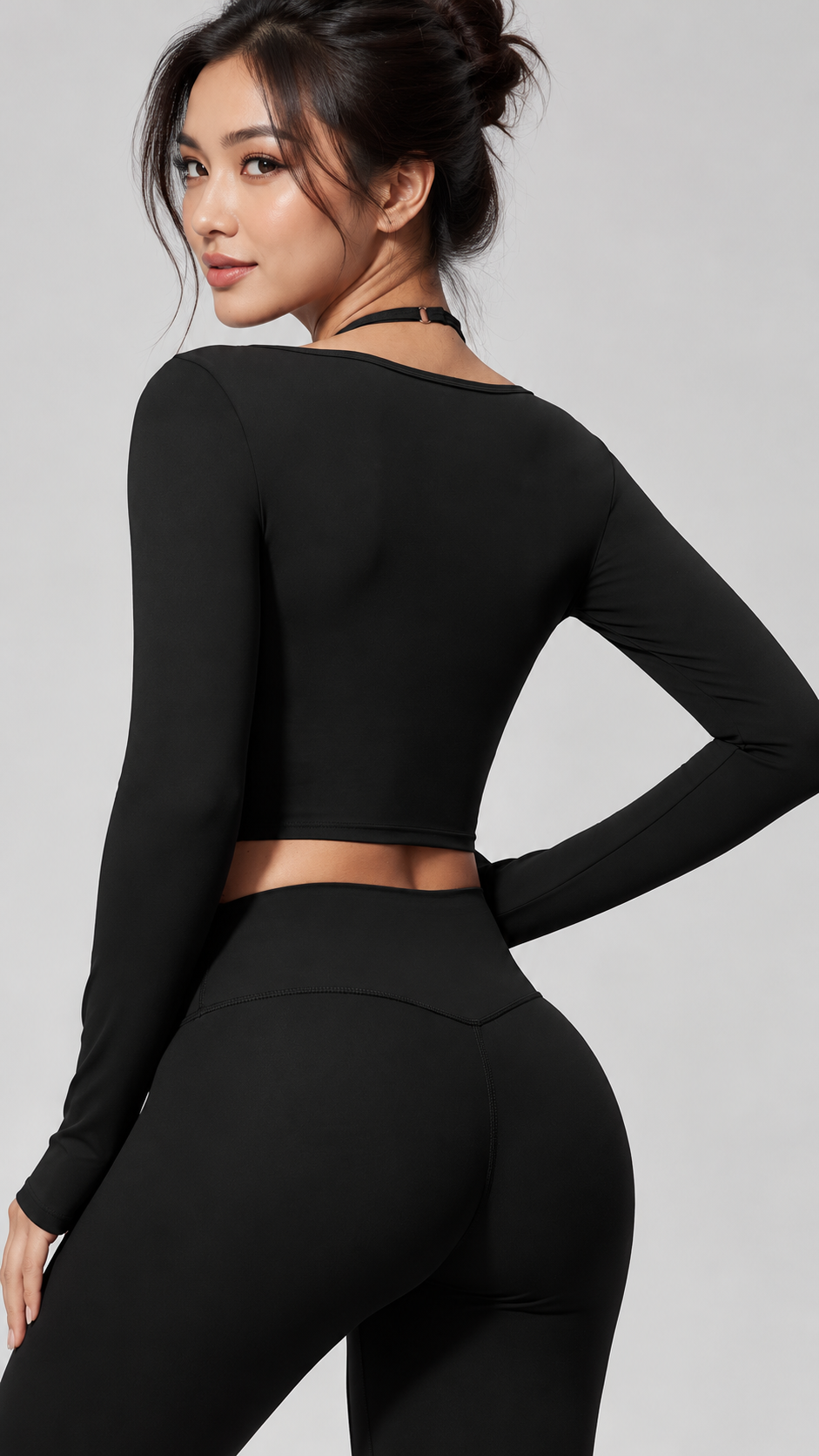 KAIA Brushed Nylon Twist-Front Long-Sleeve Crop Top
