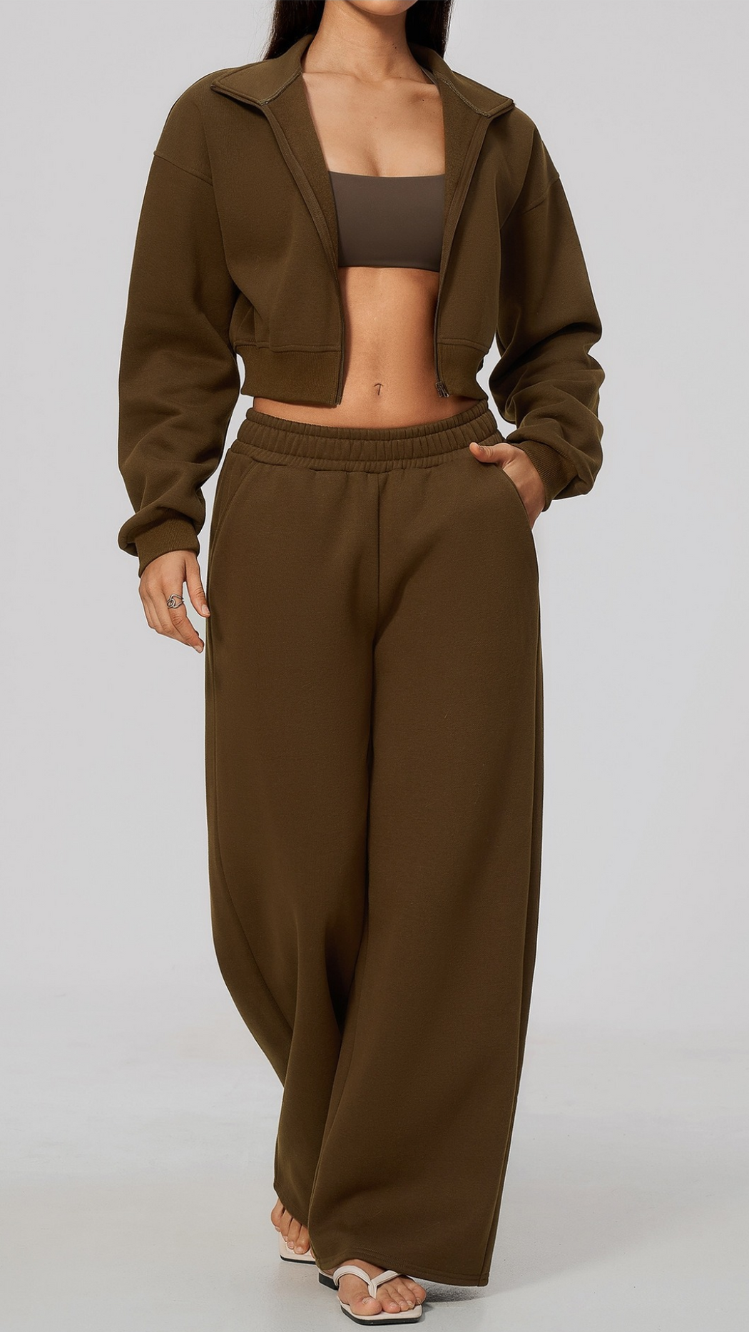 The Cloud-Line Brushed Cotton-Blend Cropped Zip Jacket & Wide-Leg Pants Set