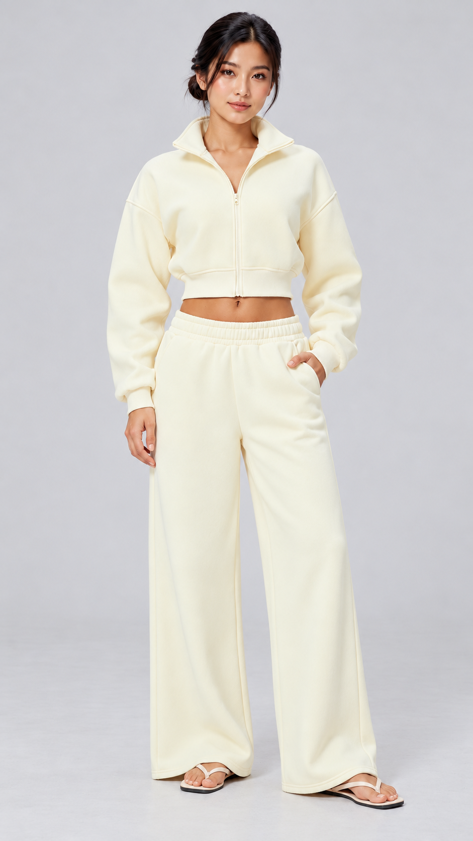 The Cloud-Line Brushed Cotton-Blend Cropped Zip Jacket & Wide-Leg Pants Set