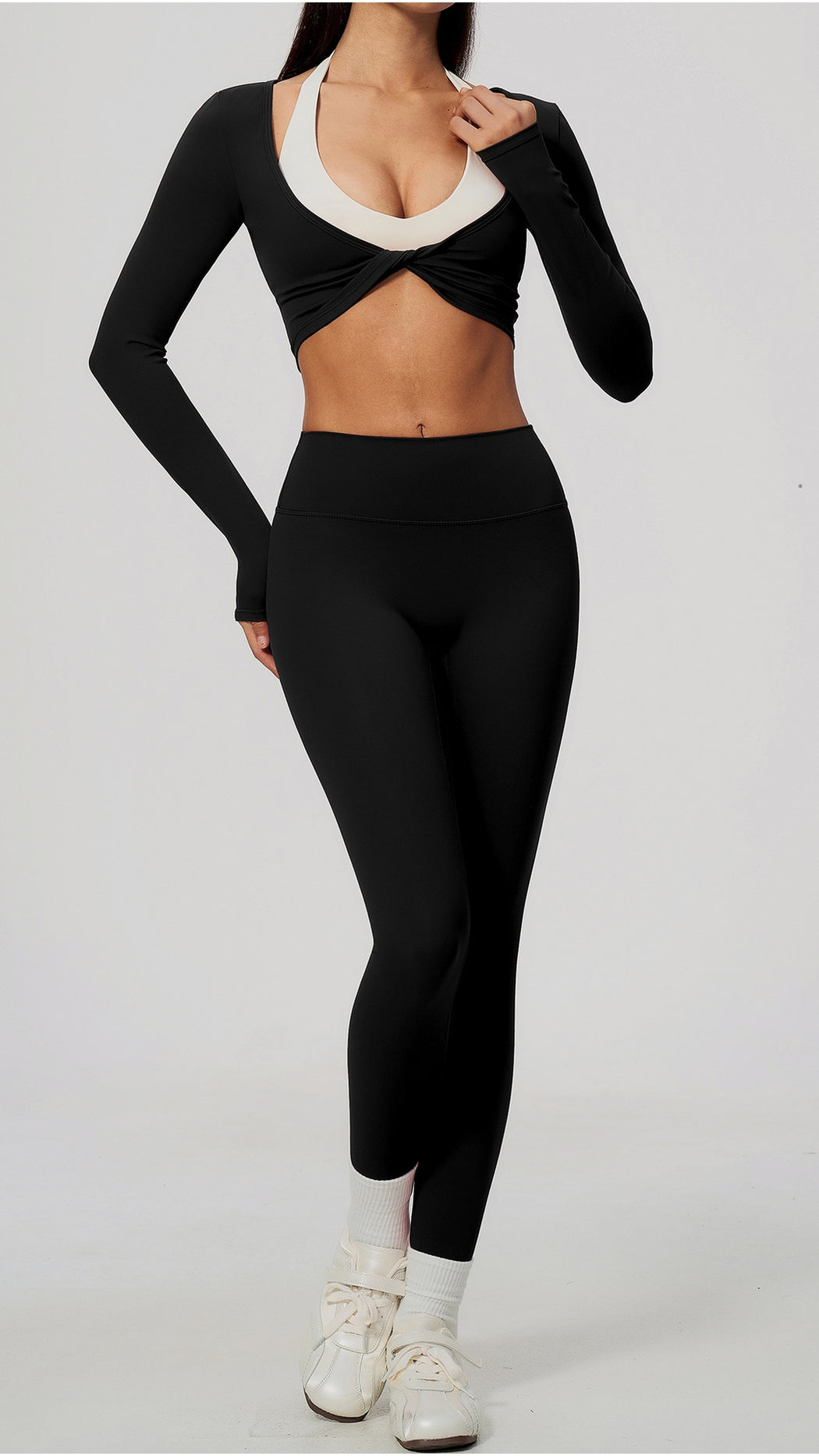 KAIA Brushed Nylon Twist-Front Long-Sleeve Crop Top