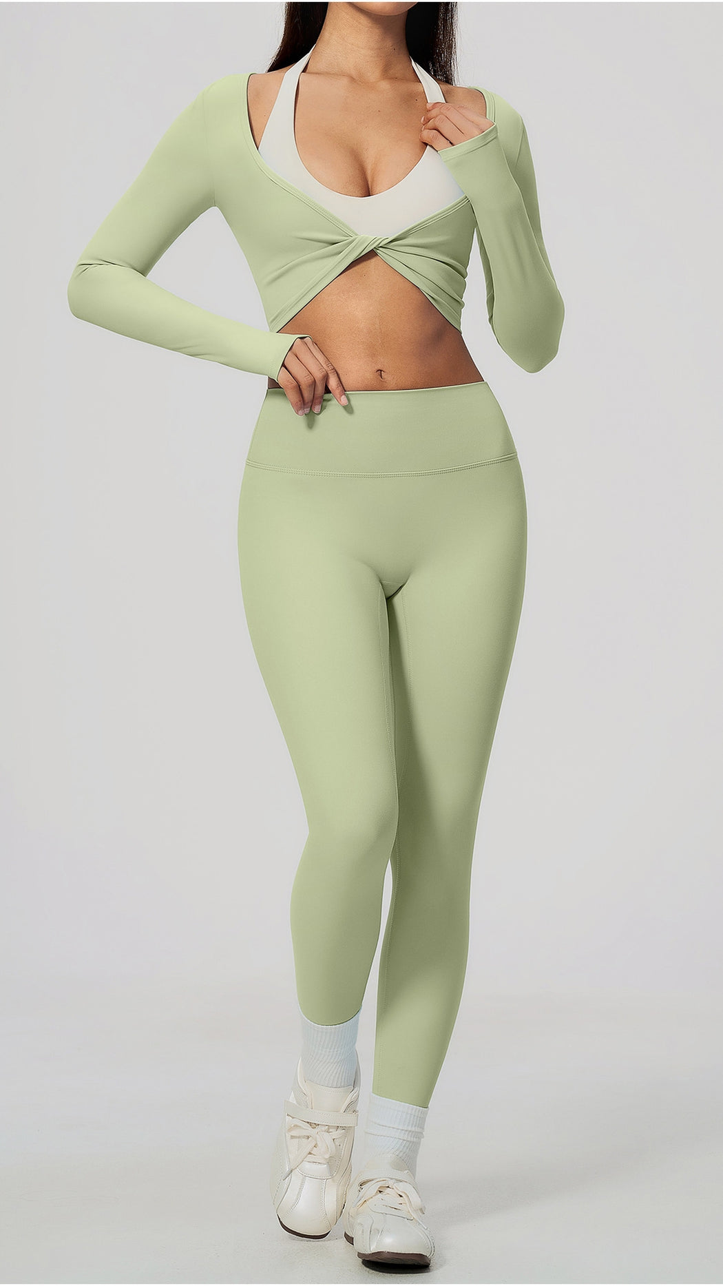 KAIA Brushed Nylon Twist-Front Long-Sleeve Crop Top