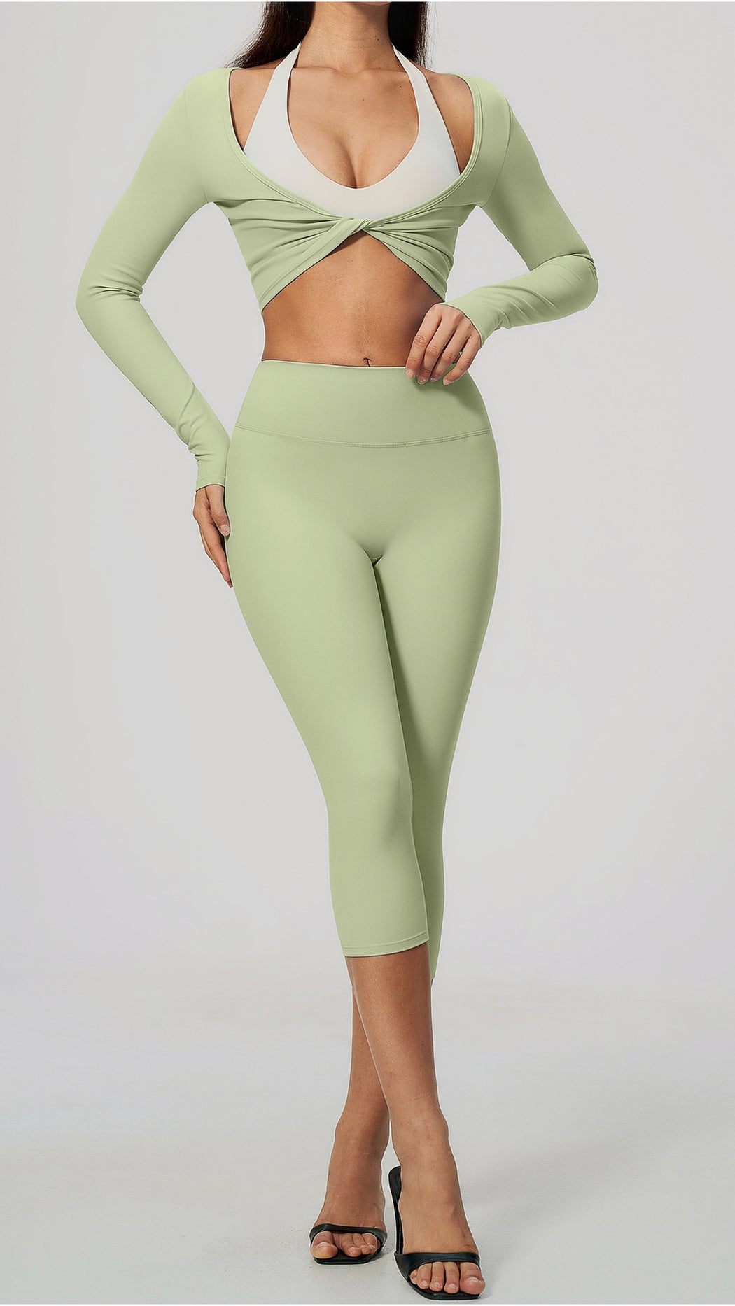 KAIA Brushed Nylon Twist-Front Long-Sleeve Crop Top